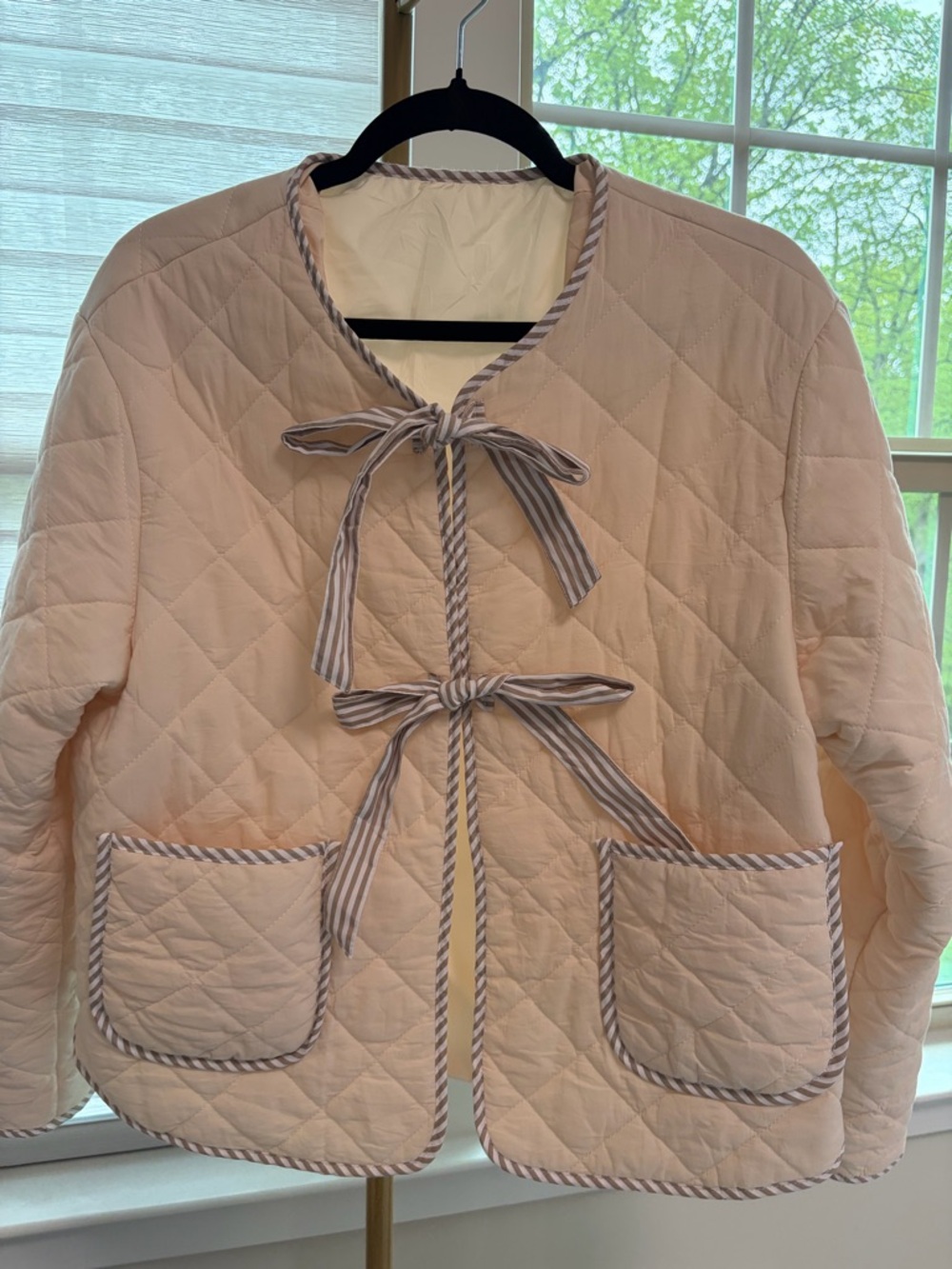 Quilted Tie-Front Jacket in Light Blush with Stripe Trim